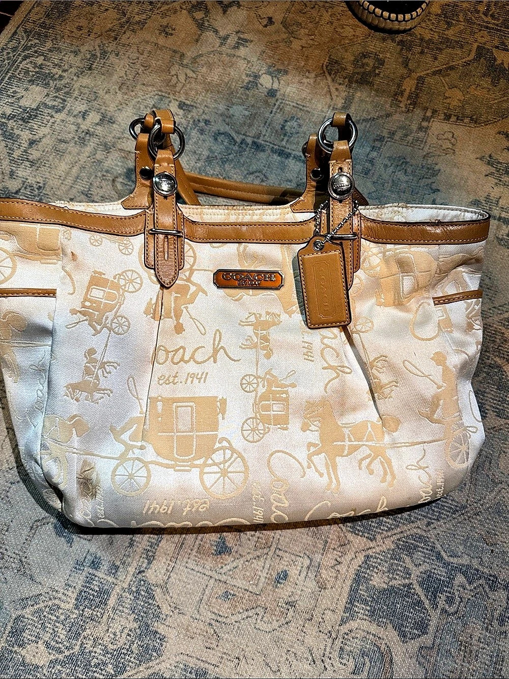 Coach vintage Signature Stripe Tote Signature Canvas Tote in White & Brown horse